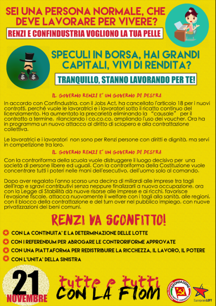 Renzi va sconfitto. Il 21 novembre, Tutti con la Fiom!