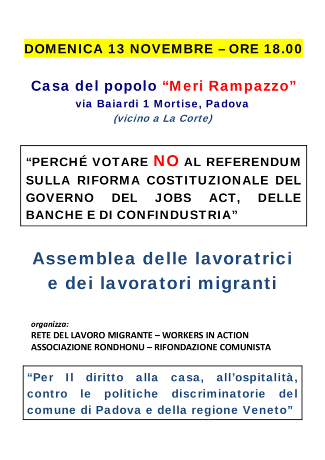 Domenica 13 Novembre - Assemblea migranti