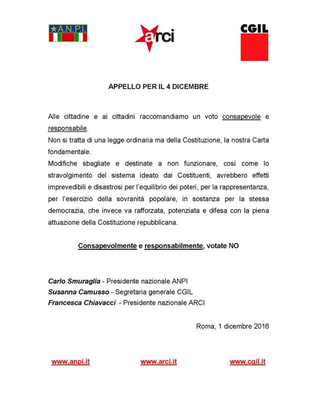 Appello unitario ANPI-ARCI-CGIL