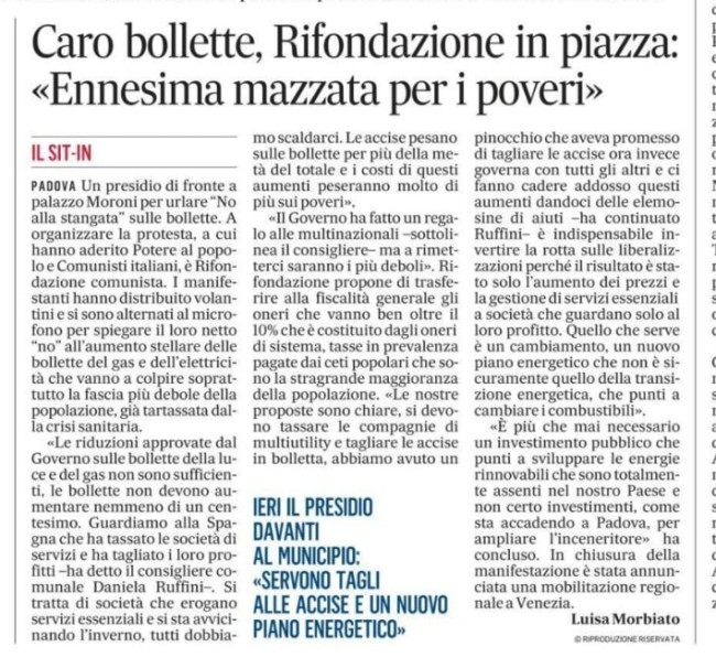 Gazzettino Padova bollette 3 ottobre 2021